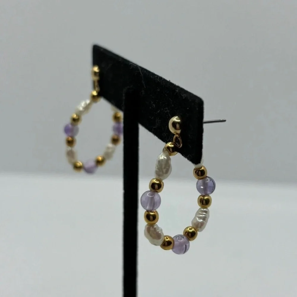 Boho Chic Gold Hoop Earrings with Amethyst & Pearls - Picture 6 of 7